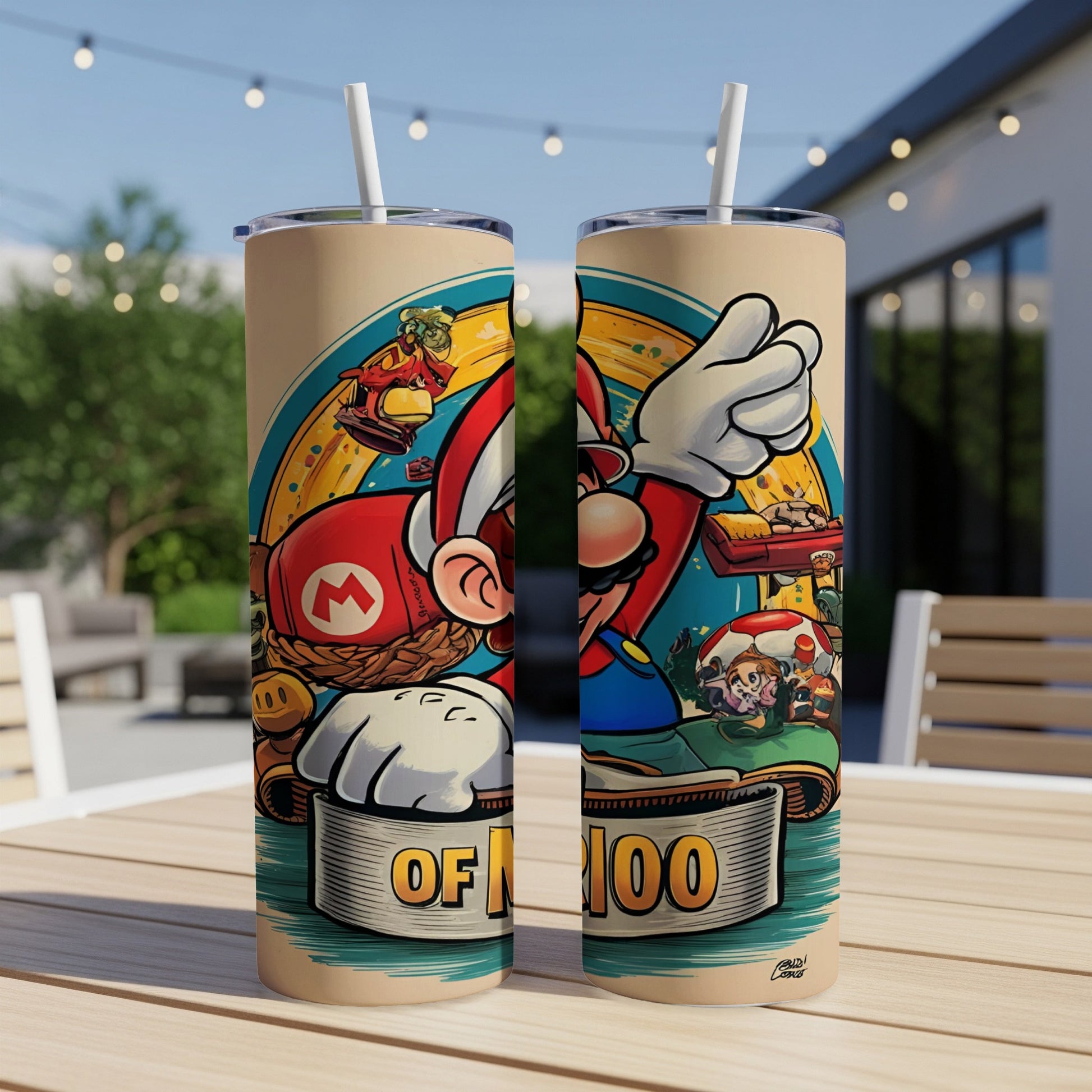 Super Mario characters on a tan tumbler with "100" text.
