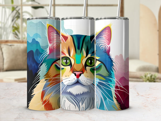Three colorful tumblers featuring a stylized cat face with abstract blue, green, and pink accents.