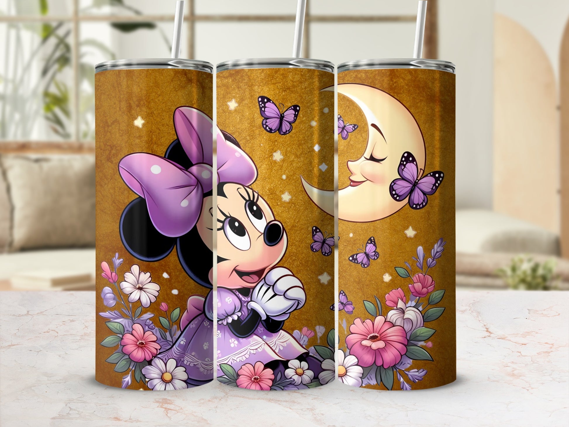 Cute Cartoon Character with Moon and Flowers Tumbler