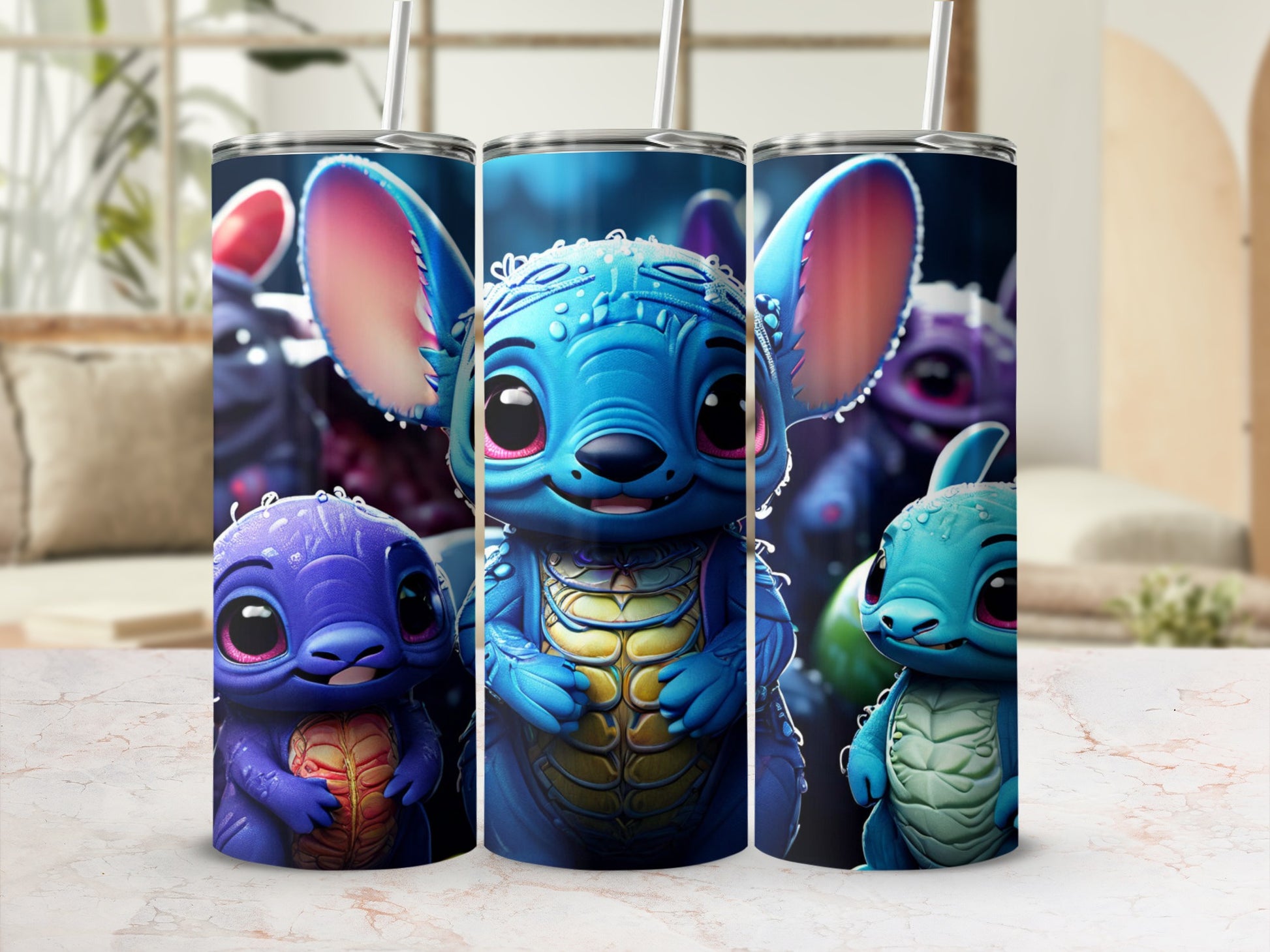 Three blue alien characters on tumblers with straws, set against a blurred background.