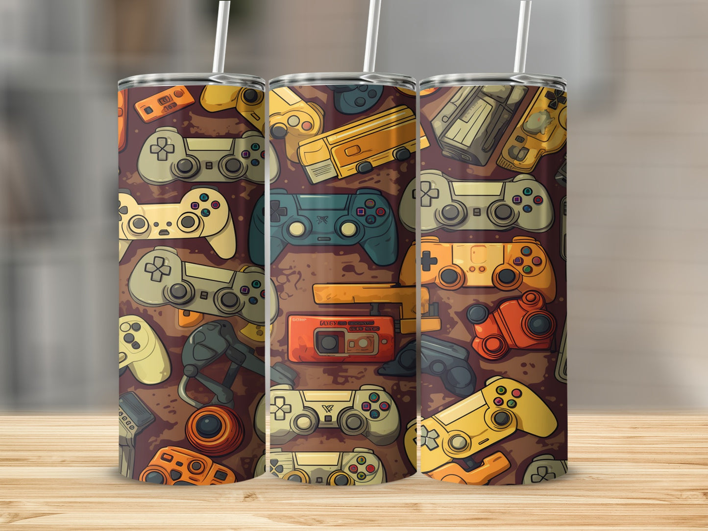 Triptych of tumblers with vintage video game controllers and accessories pattern.