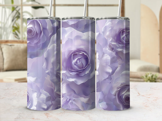 Three purple rose-patterned tumblers with straws on a marble surface.