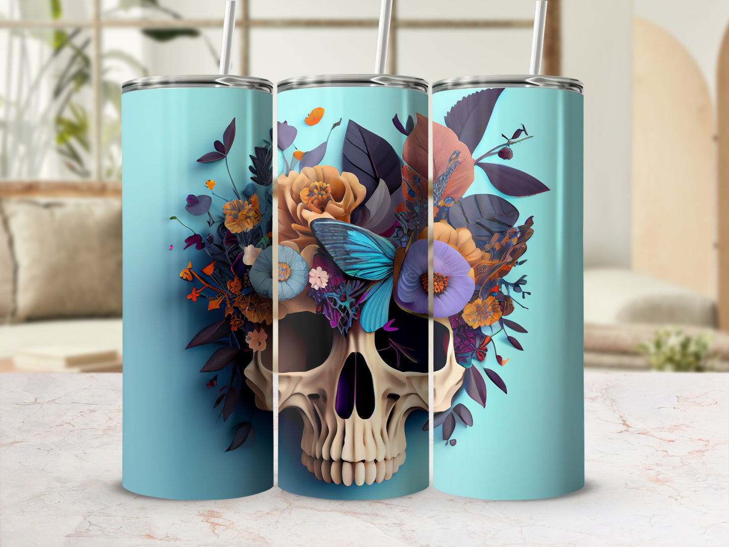 Vibrant Skull with Flowers and Butterfly Tumbler
