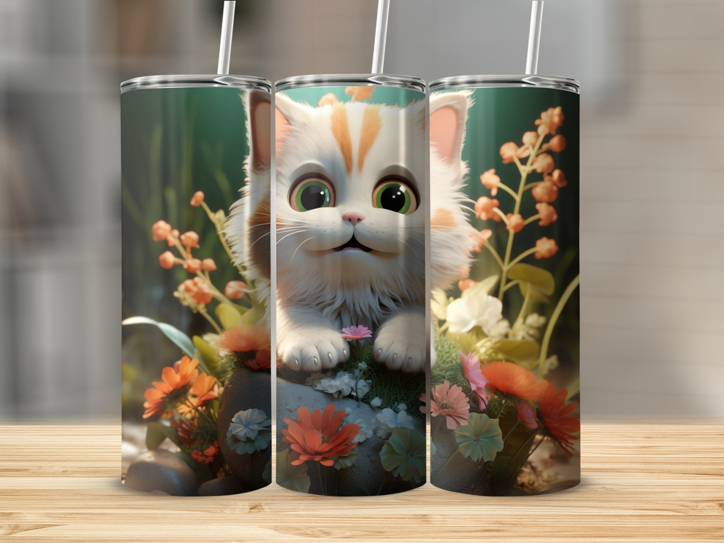 Charming Cartoon Cat Big Green Eyes Orange Flowers product type