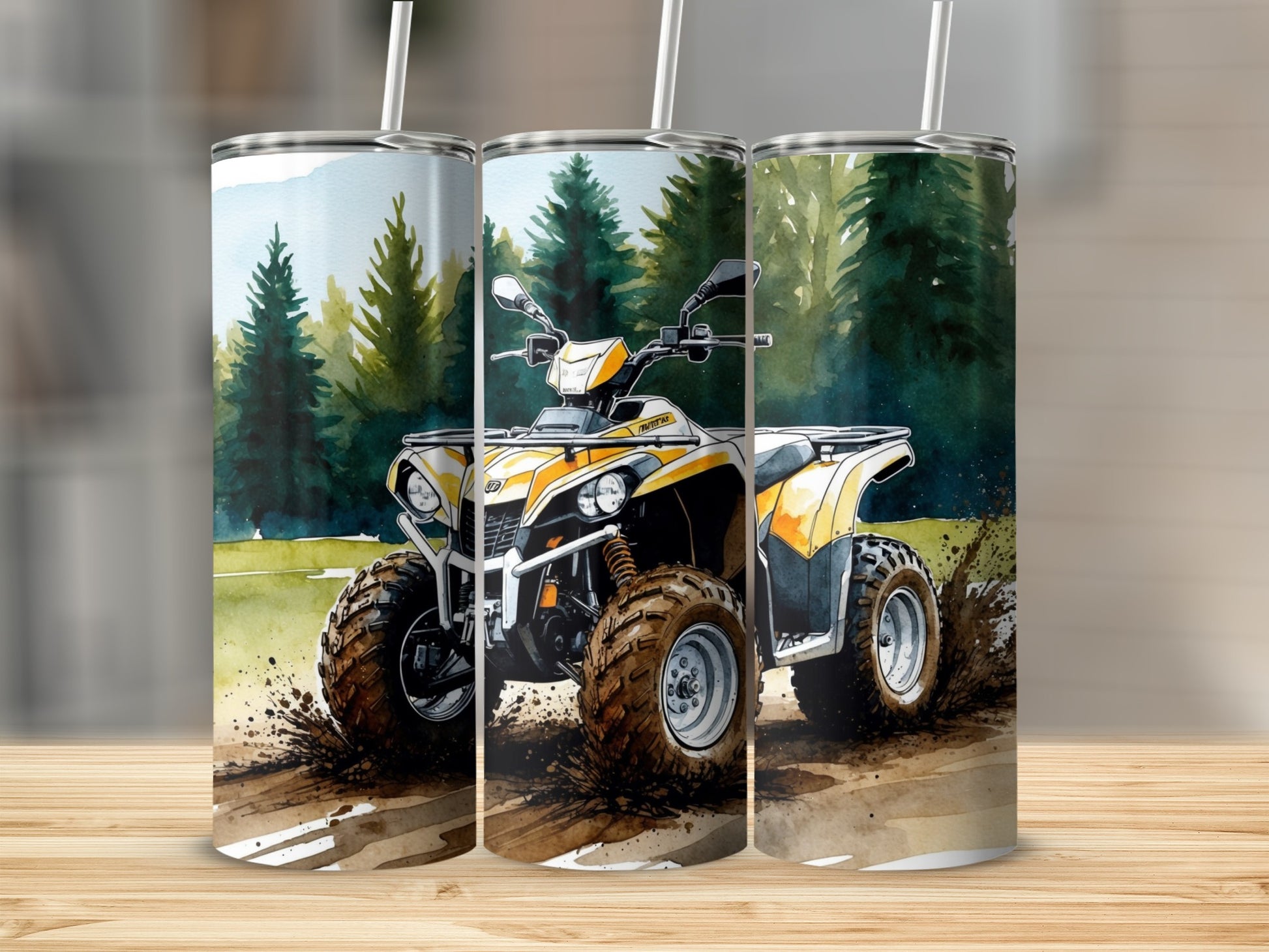 Yellow and white ATV driving through mud and trees.