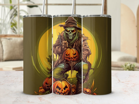 Scarecrow holding pumpkin surrounded by jack-o'-lanterns with a full moon background.