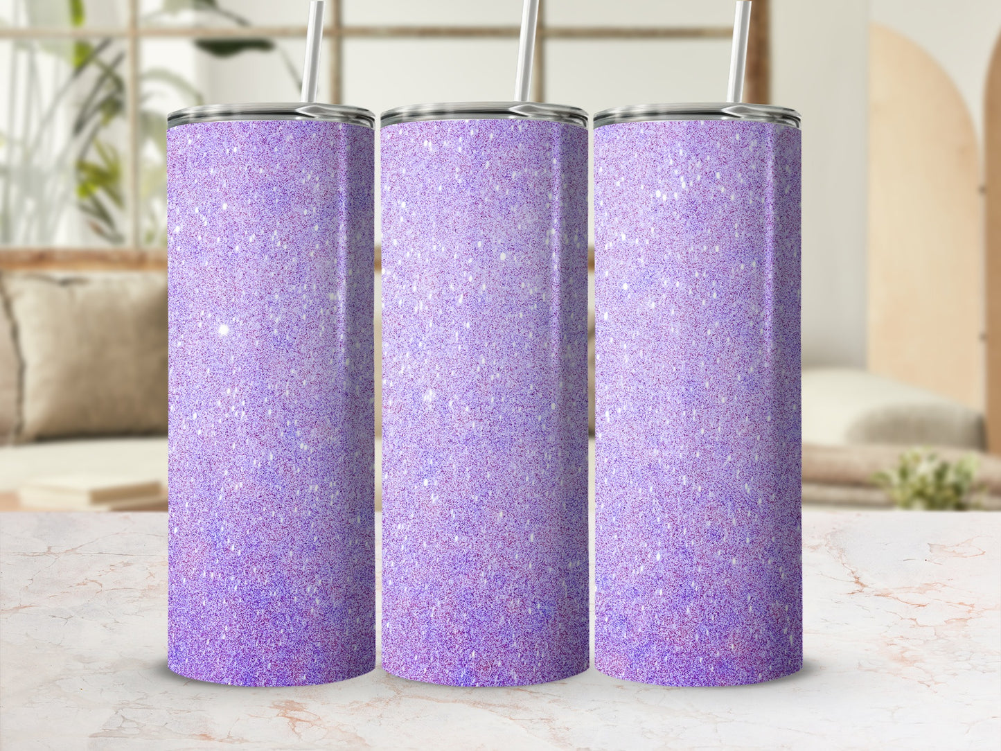 Three tall, slender tumblers with a sparkling lavender glitter finish.