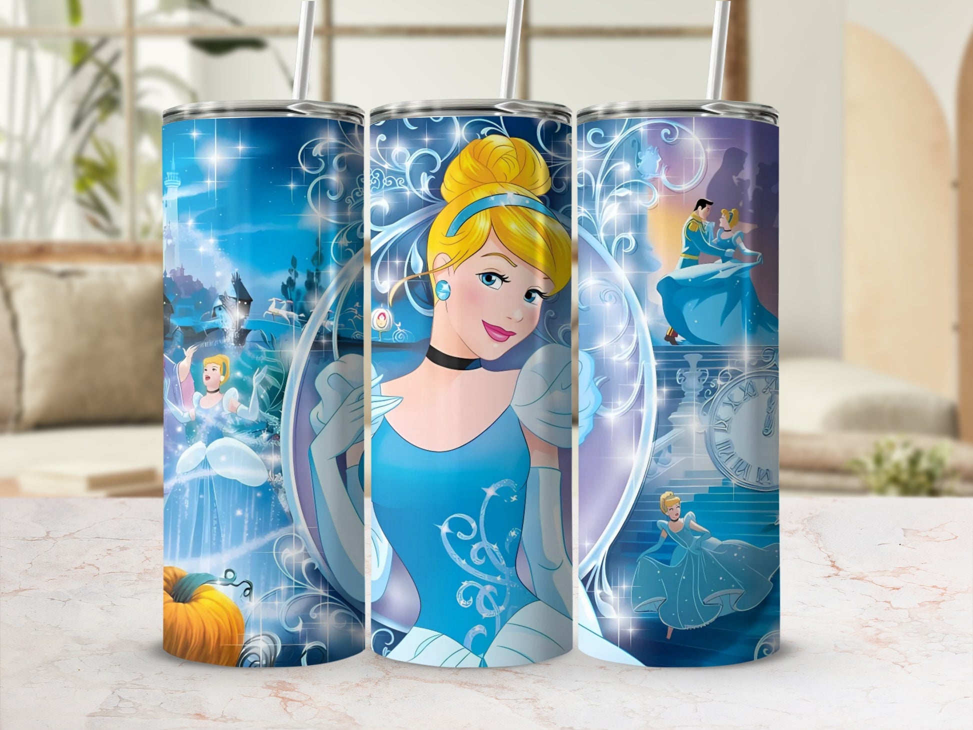 Fairy Tale Princess Themed Tumbler Cup with Straw