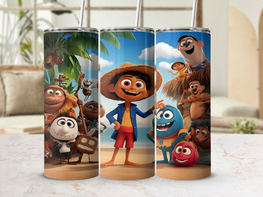 Animated characters from a movie stand on a beach with palm trees and ocean.