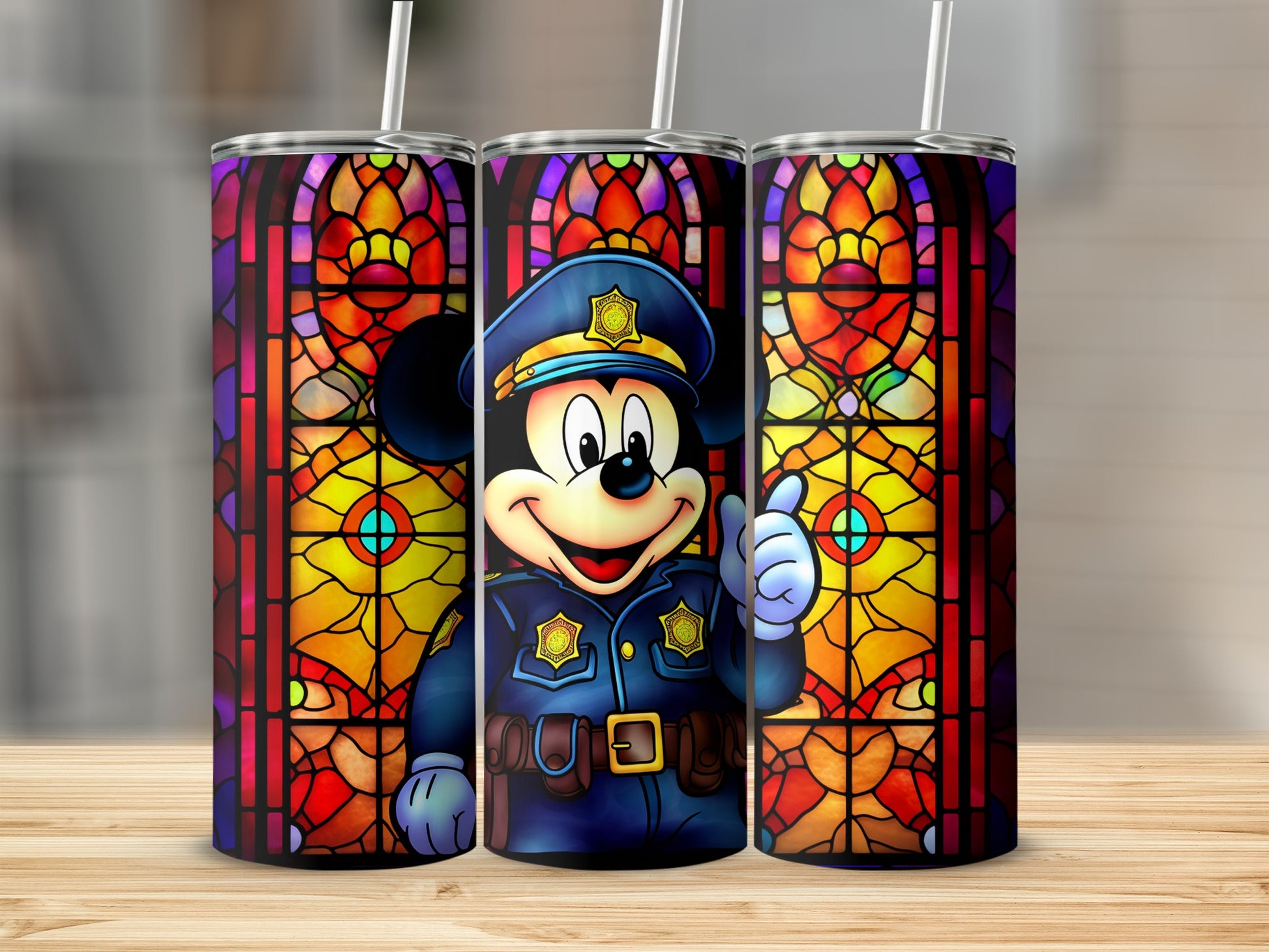 Cute Cartoon Police Officer Tumbler with Stained Glass Art
