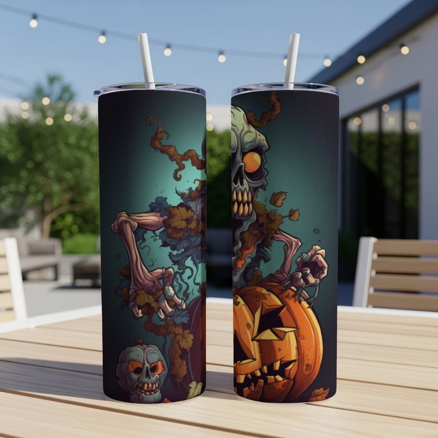 Two tumblers with Halloween zombie and pumpkin designs on a wooden table.