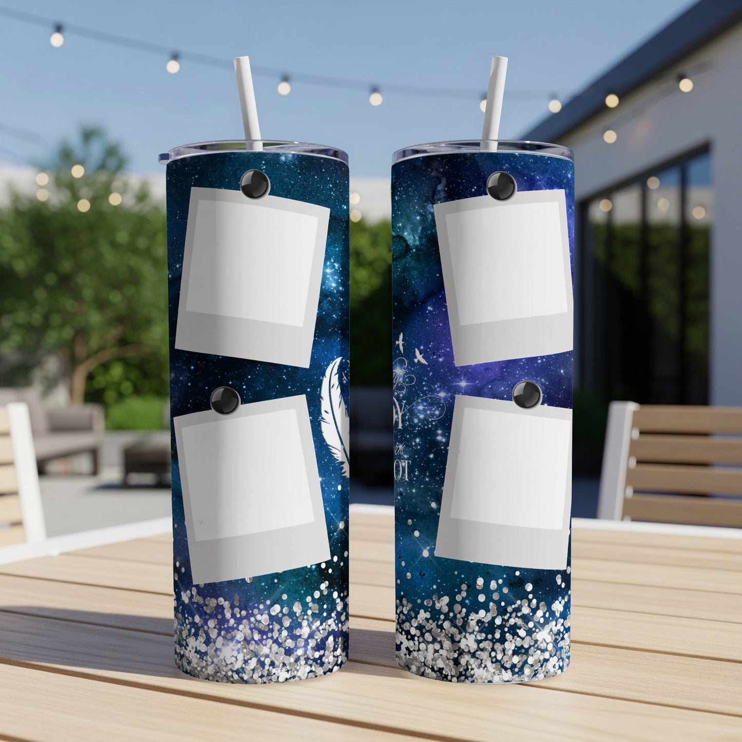 Two tumblers with celestial design and four blank photo frames.