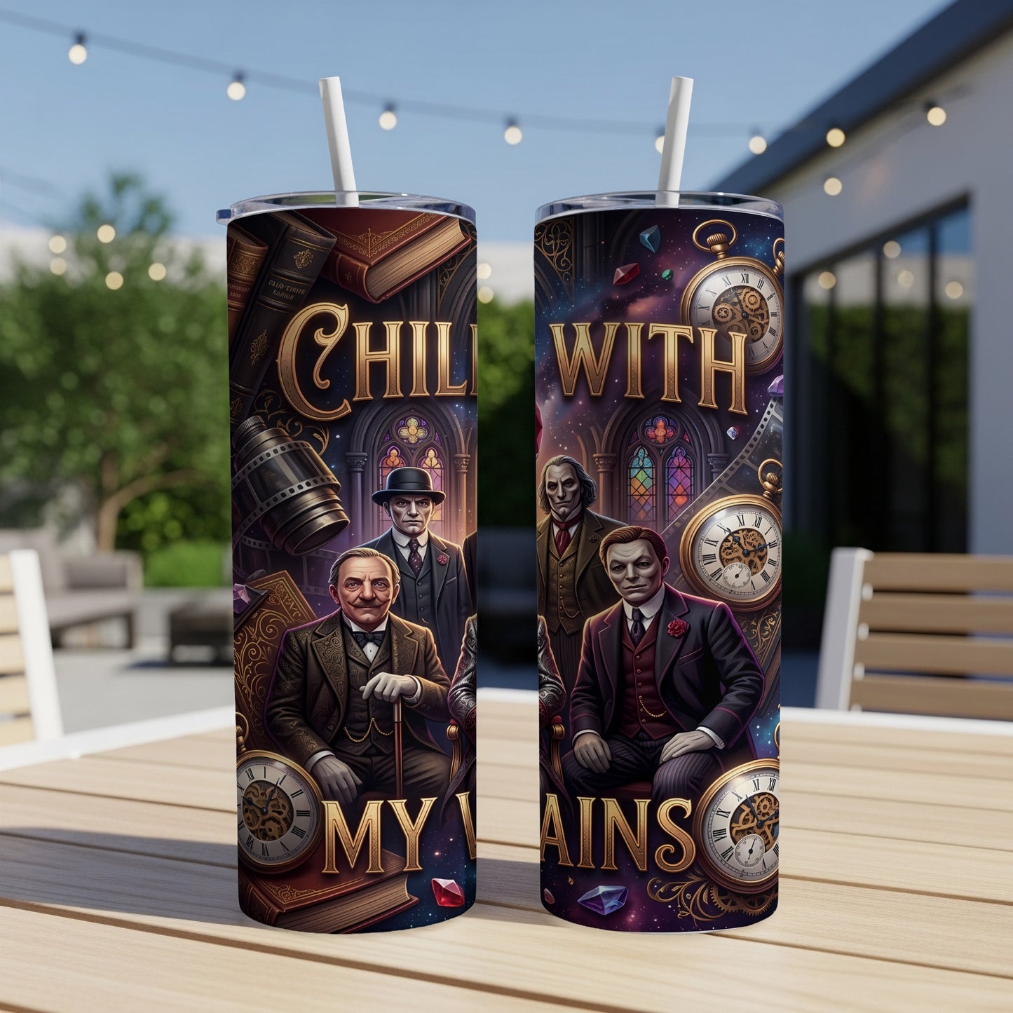 Two tumblers with Victorian men, books, clocks, and stained glass windows.