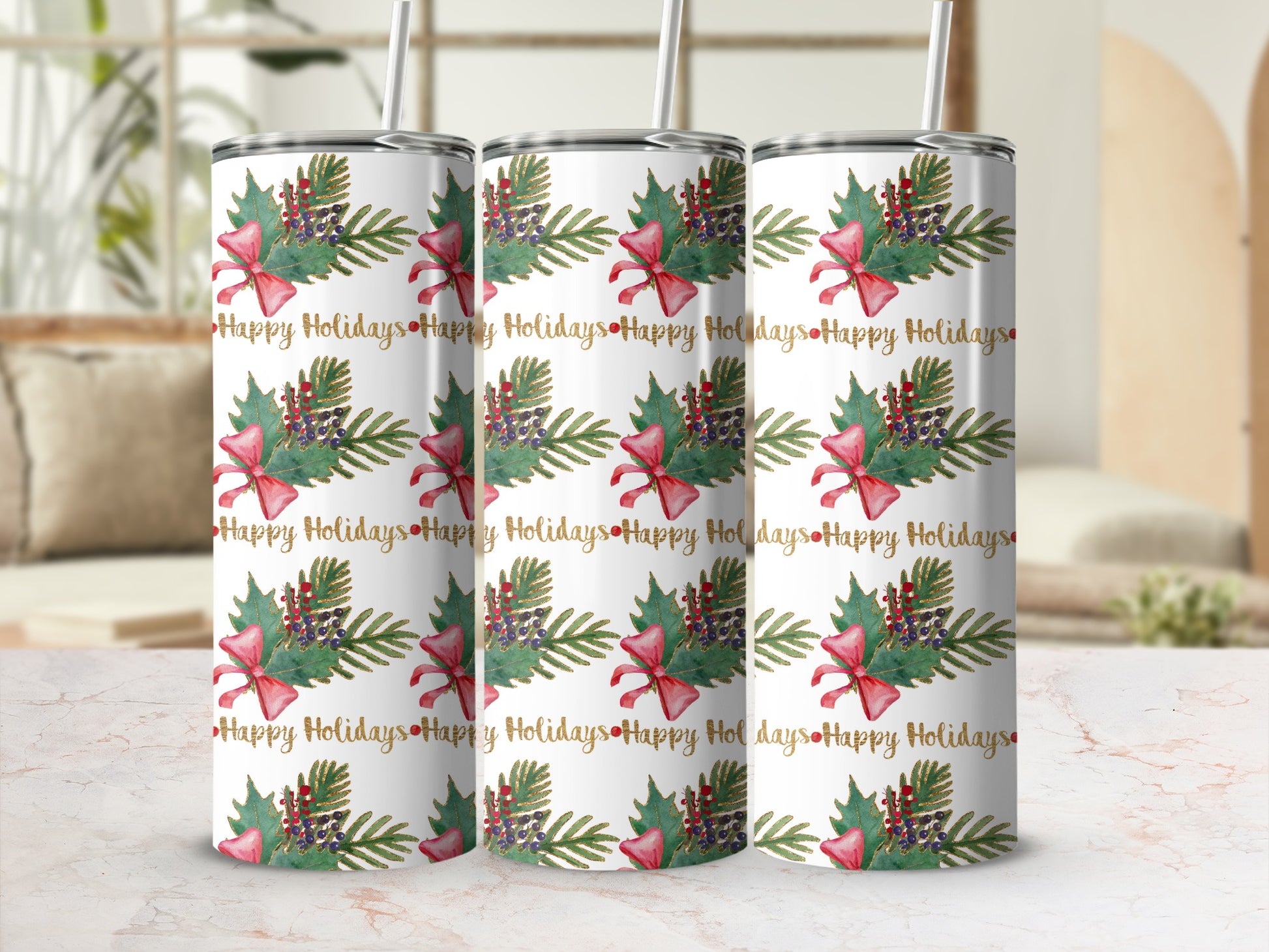 Tumbler with red bow, green leaves, and "Happy Holidays" text.