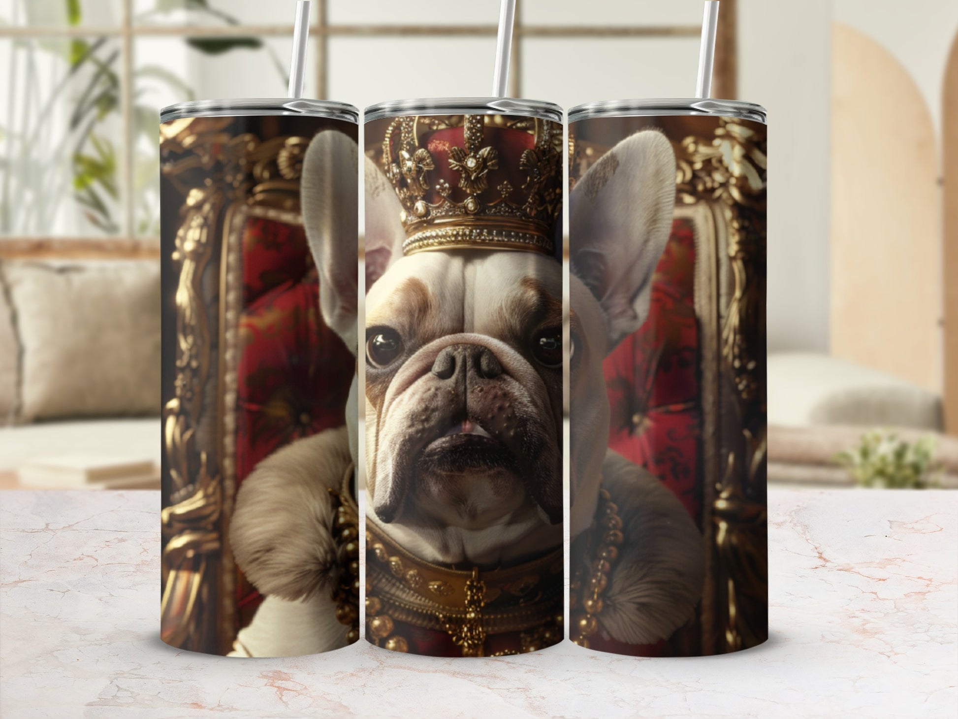 French bulldog wearing a crown and regal attire sits on a throne.