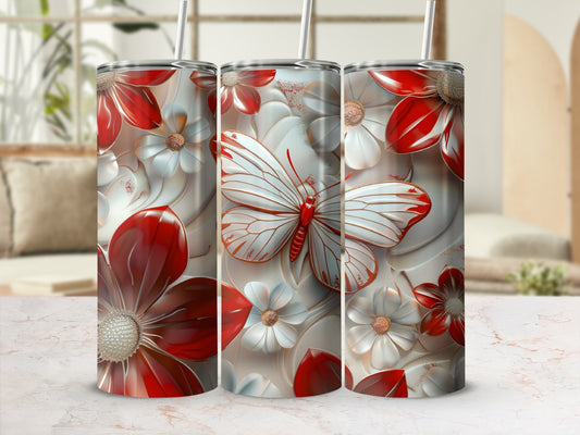 Three tumblers with red and white flowers and a white butterfly.
