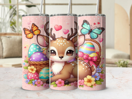 Pink tumbler with cute deer, colorful Easter eggs, butterflies, and flowers.