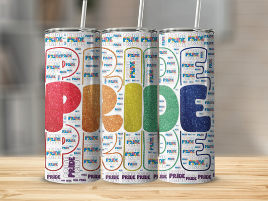 Tumblers with rainbow colors and the word "PRIDE" repeated.