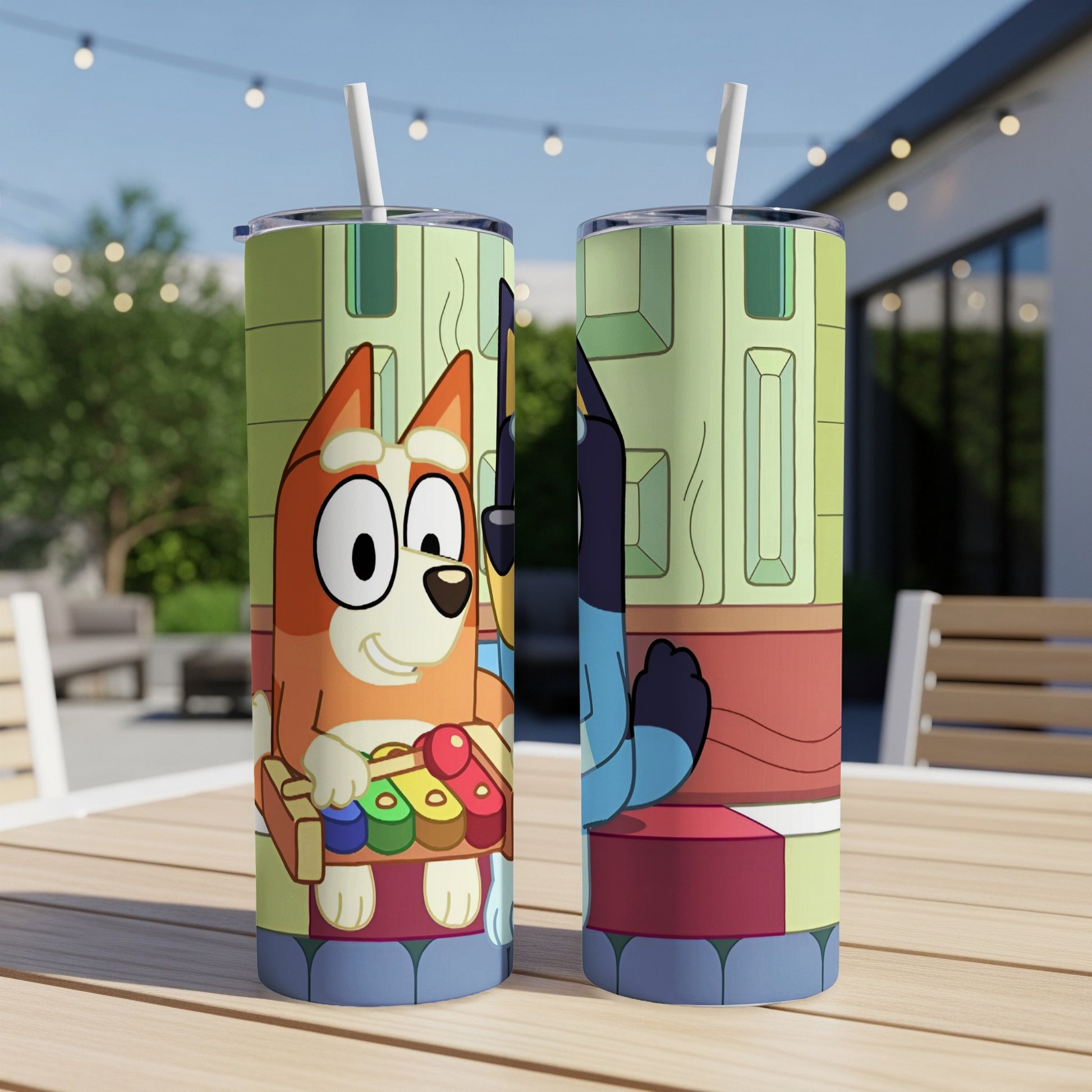 Bluey and Bingo characters on a colorful, double-sided insulated tumbler.