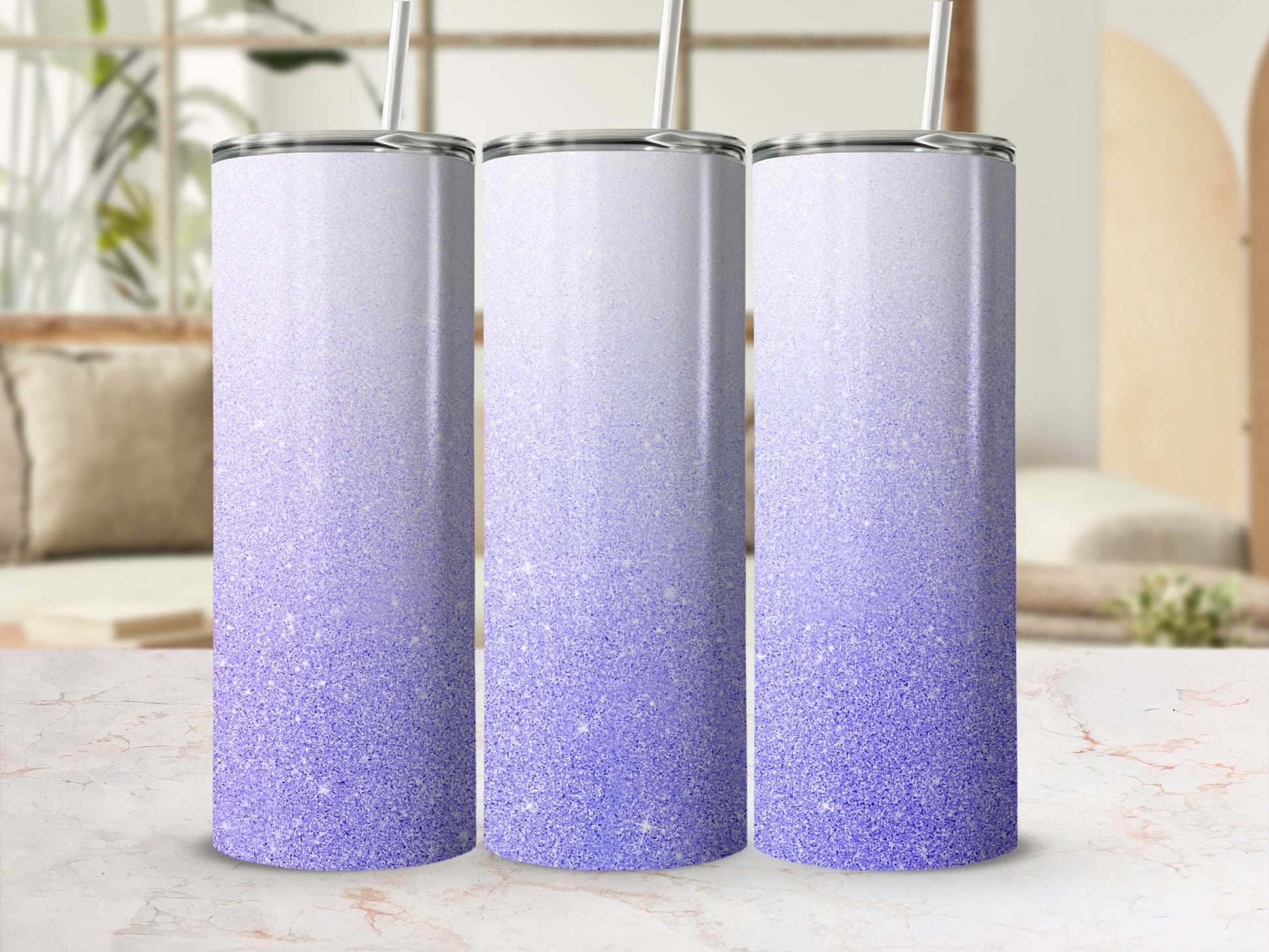 Three iridescent glitter tumblers with straws, showing a lavender gradient.