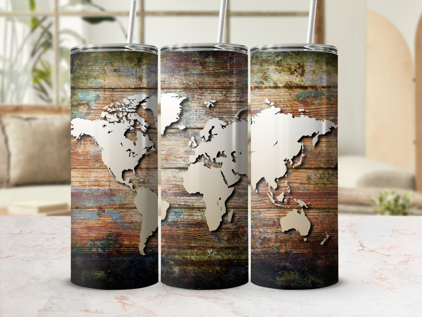 Three tumblers with a distressed wood texture and world map design.