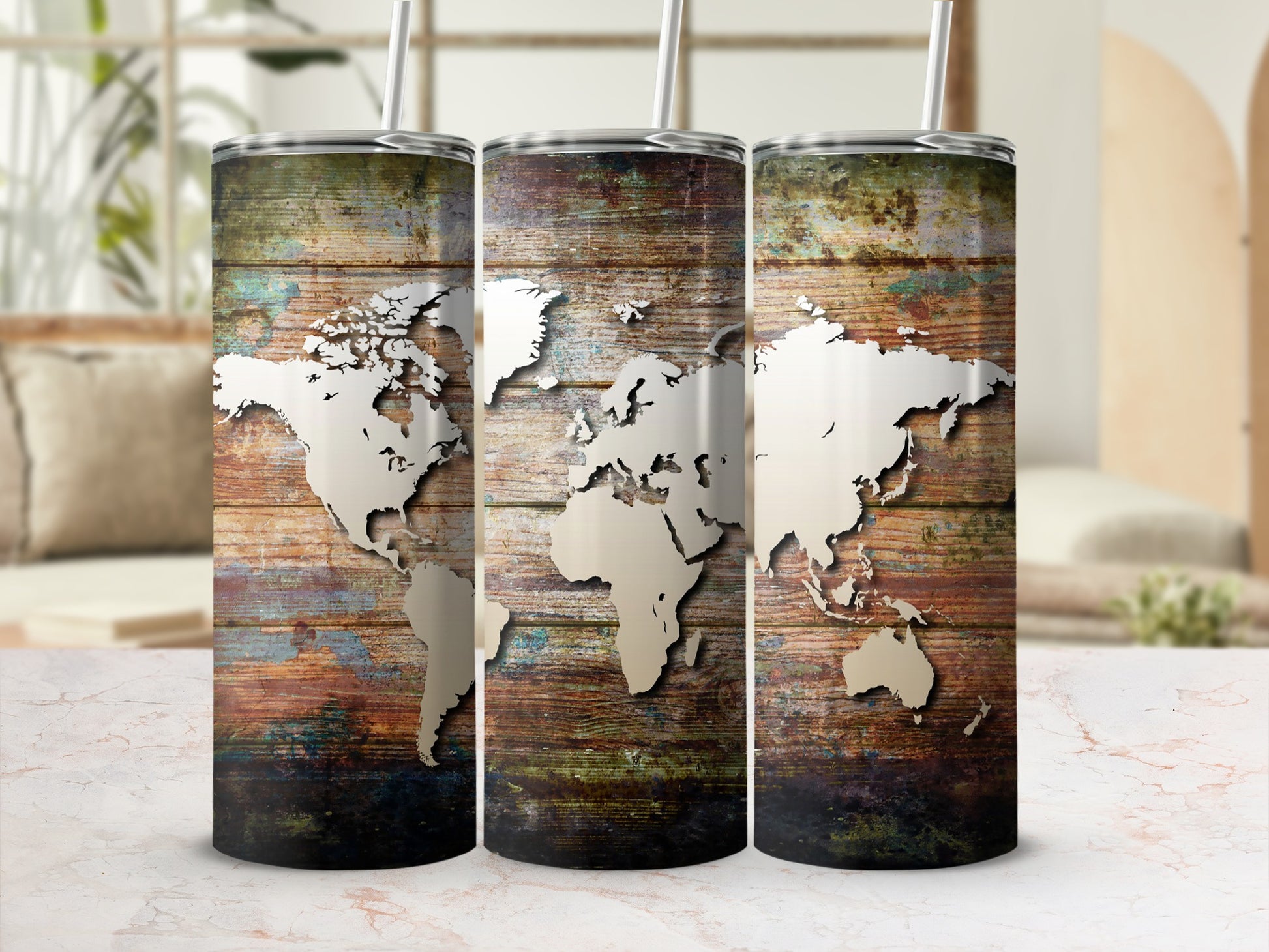 Three tumblers with a distressed wood texture and world map design.