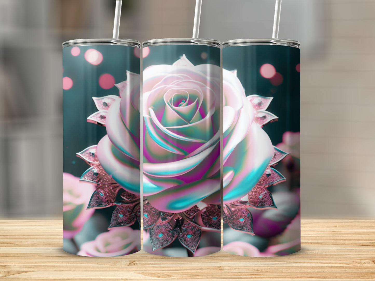 Three iridescent roses with intricate detailing on stands, presented on a wooden surface.