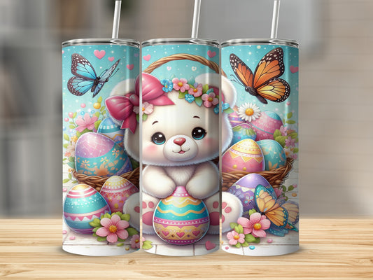 Cute teddy bear holding an Easter egg, surrounded by colorful eggs and butterflies.