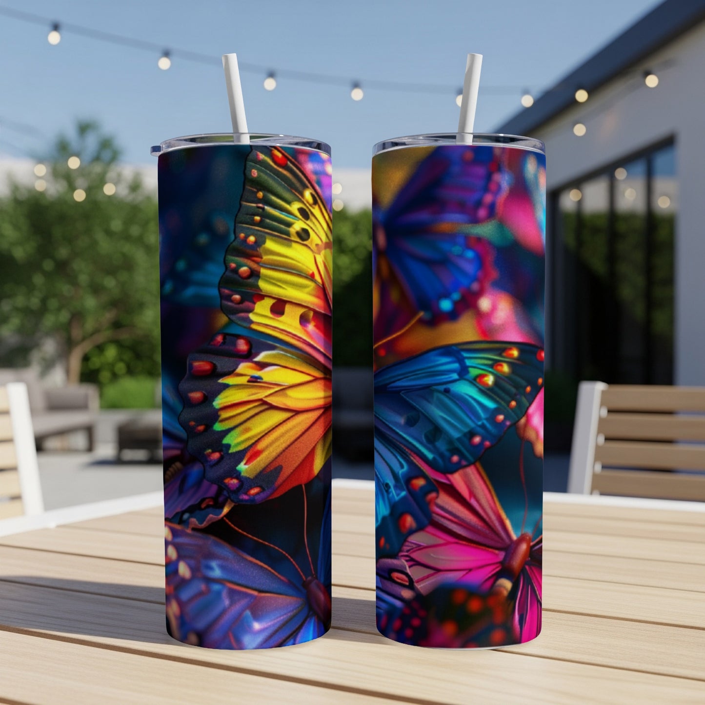Two tumblers with vibrant, colorful butterfly designs sit on a table outdoors.