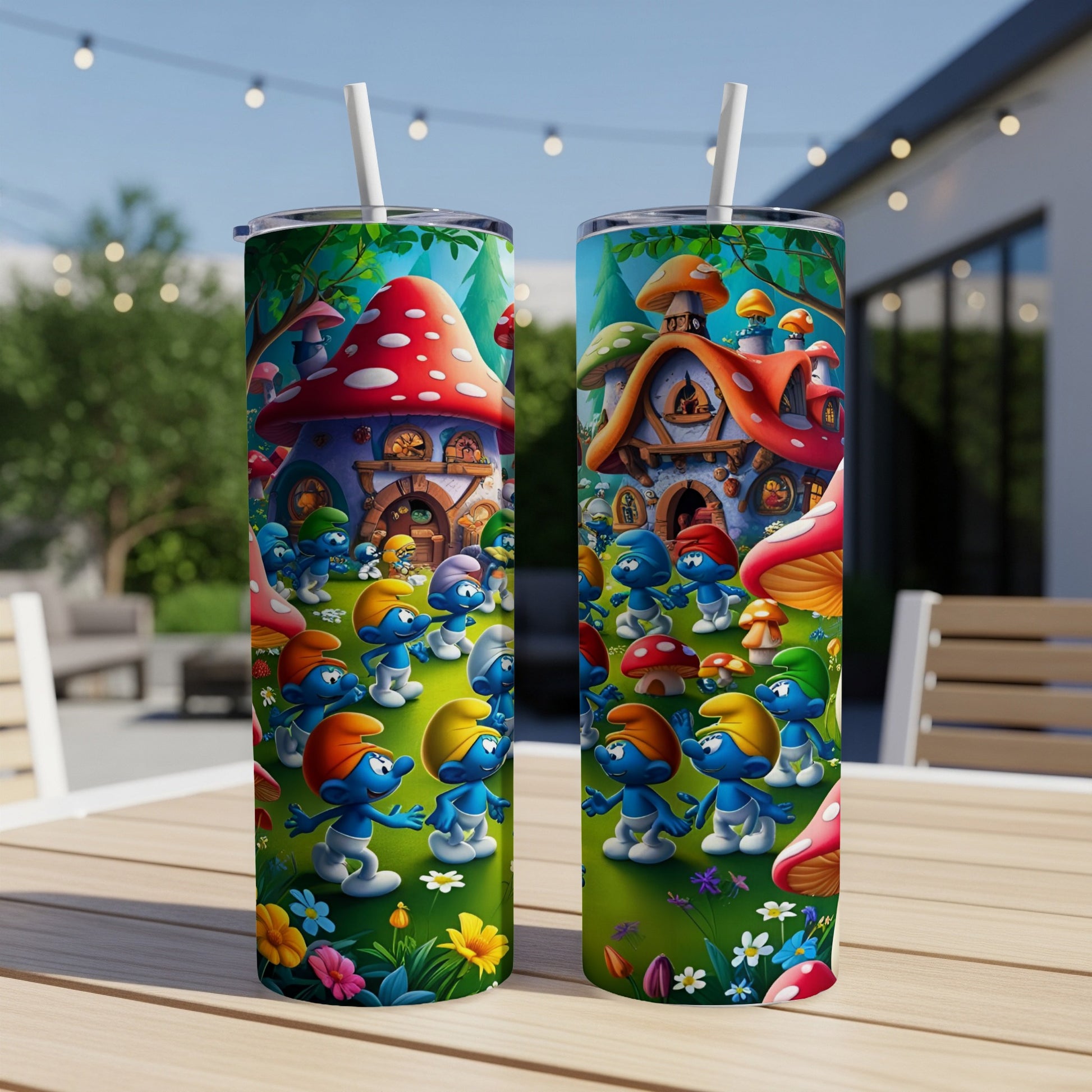 Two Smurfs tumblers with mushroom houses and Smurfs on green grass.
