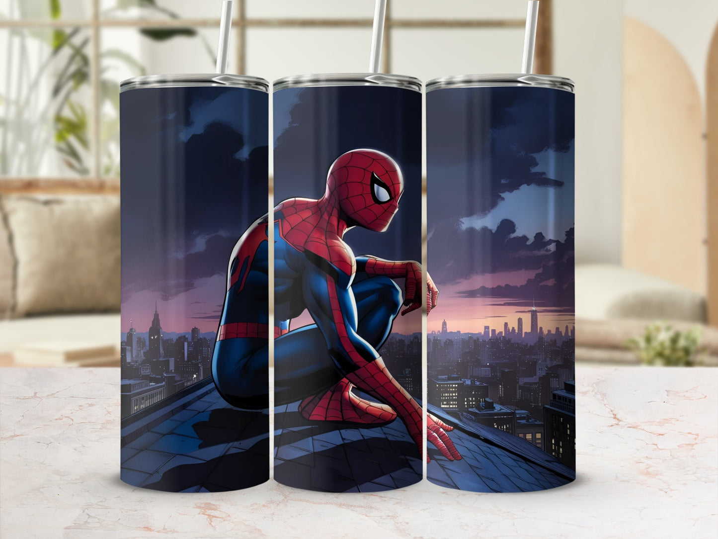 Spider-Man crouches on a city rooftop at dusk.
