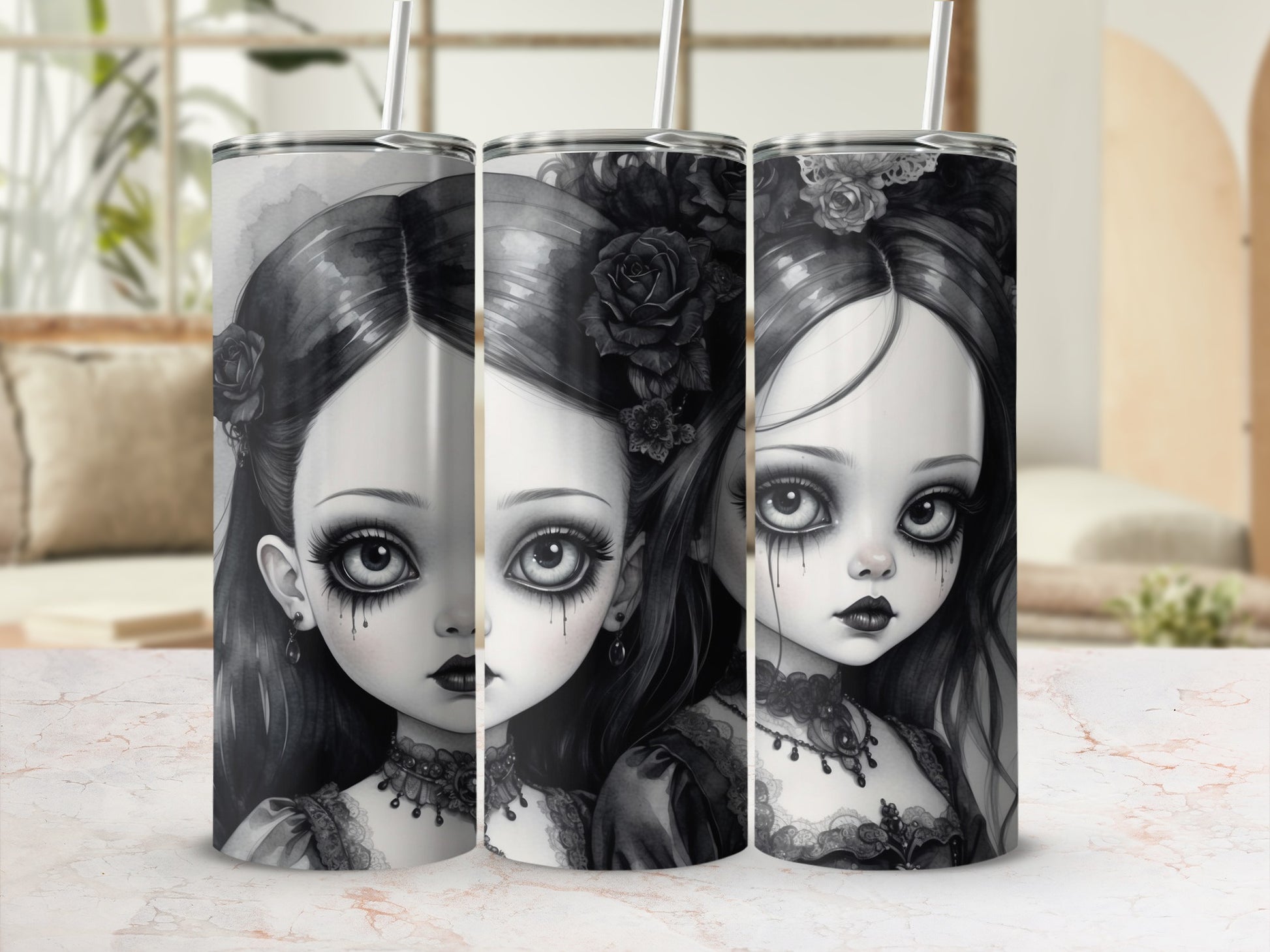 Gothic doll illustration on a tumbler with a marble-like background.