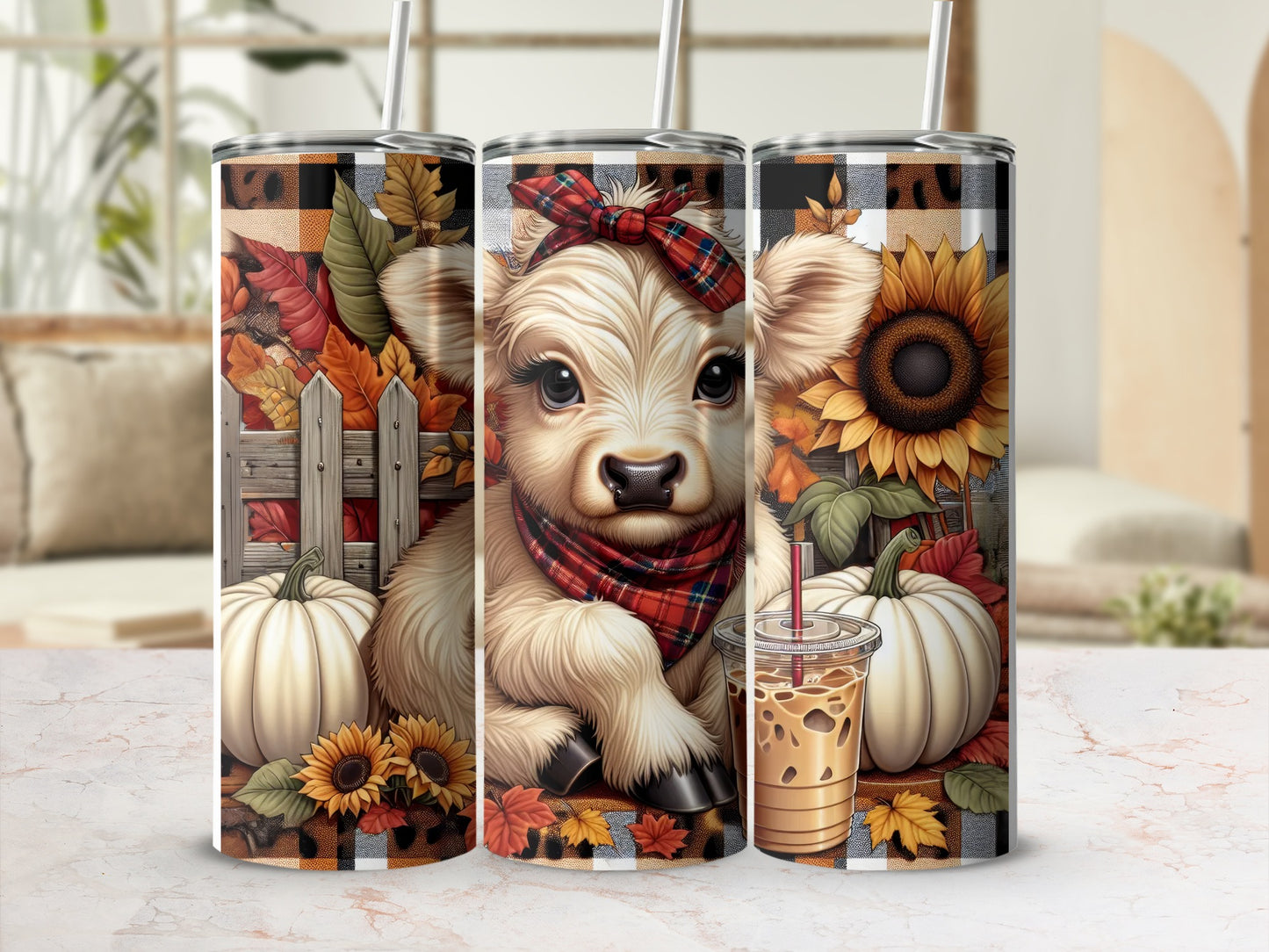 Baby highland cow with sunflower, pumpkins, and plaid bandana on a tumbler.