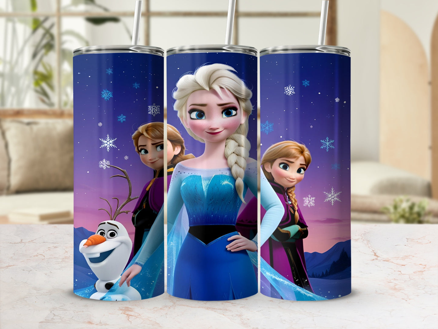 Elsa and Anna from Frozen with Olaf on a blue tumbler.
