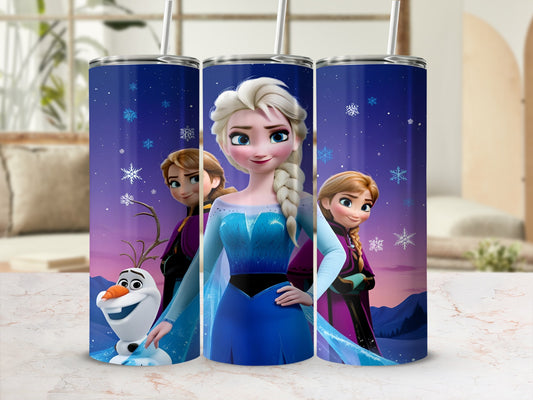 Elsa and Anna from Frozen with Olaf on a blue tumbler.