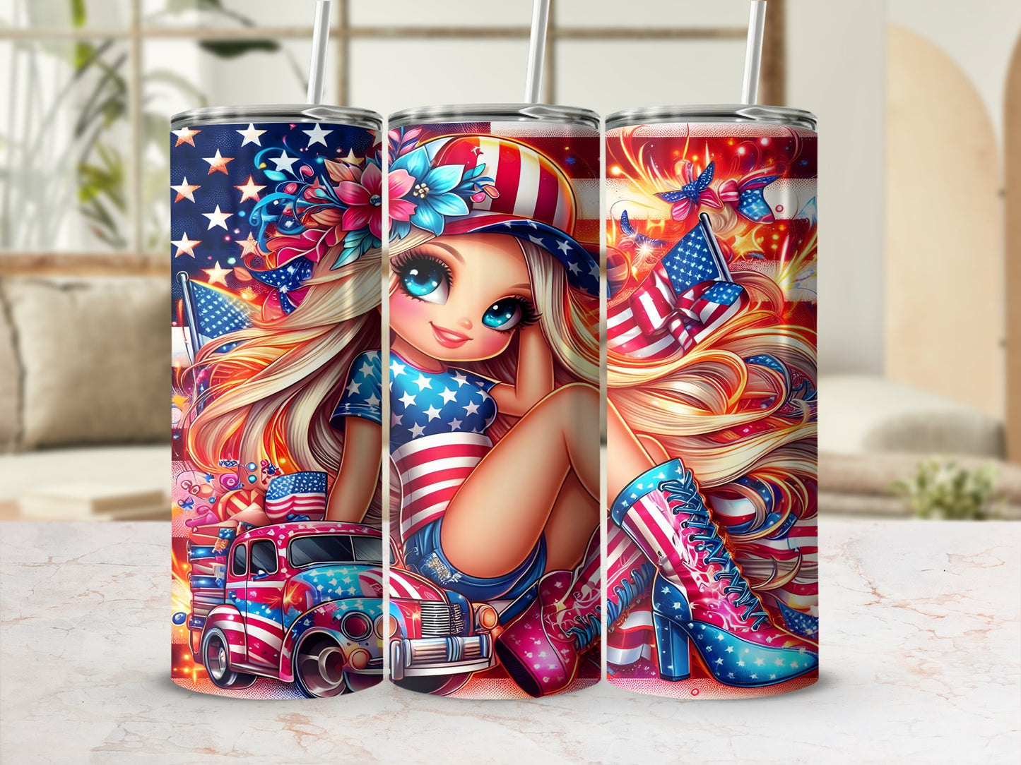 Patriotic tumbler design featuring a cartoon girl, truck, and fireworks.