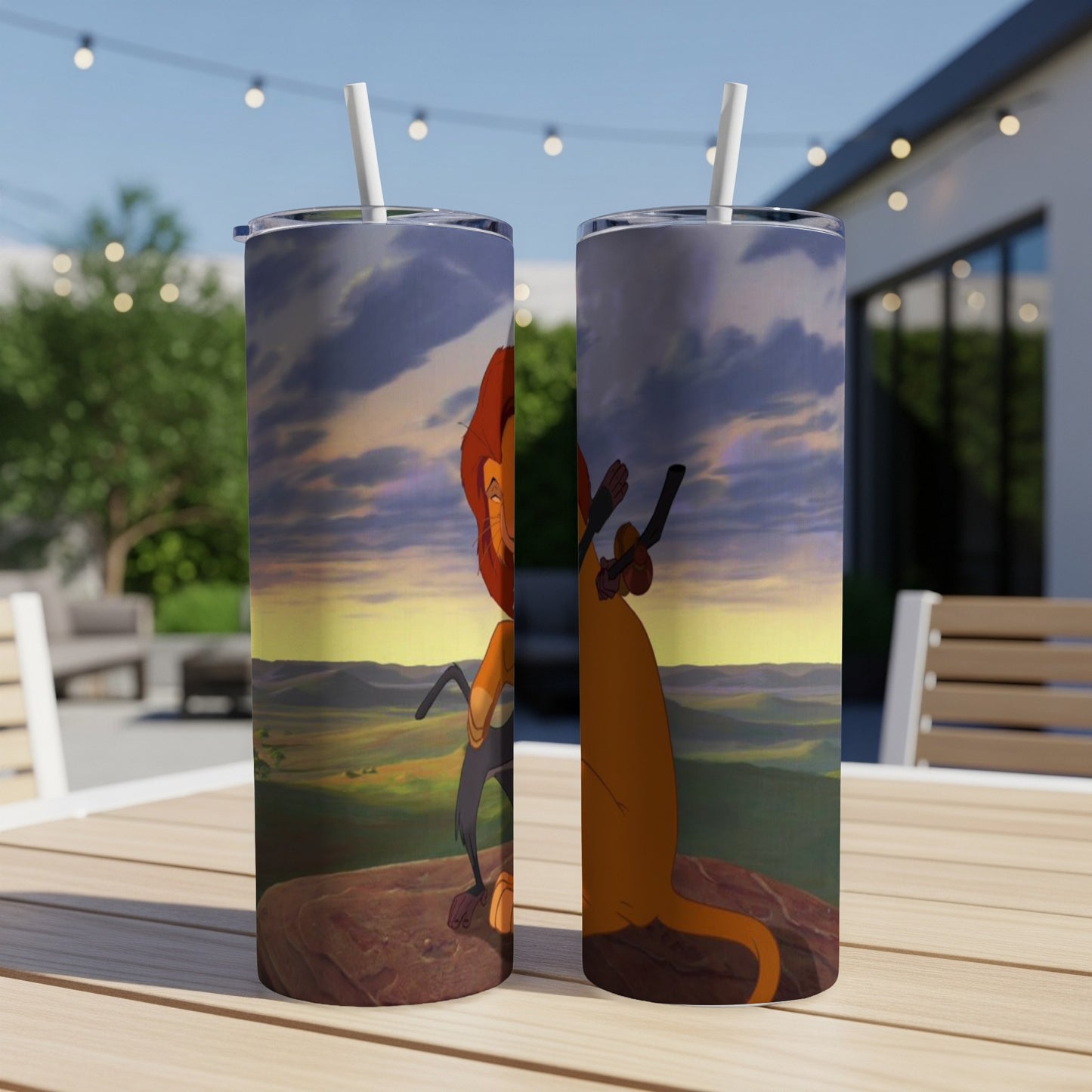 Two tumblers with The Lion King's Simba on Pride Rock at sunset.