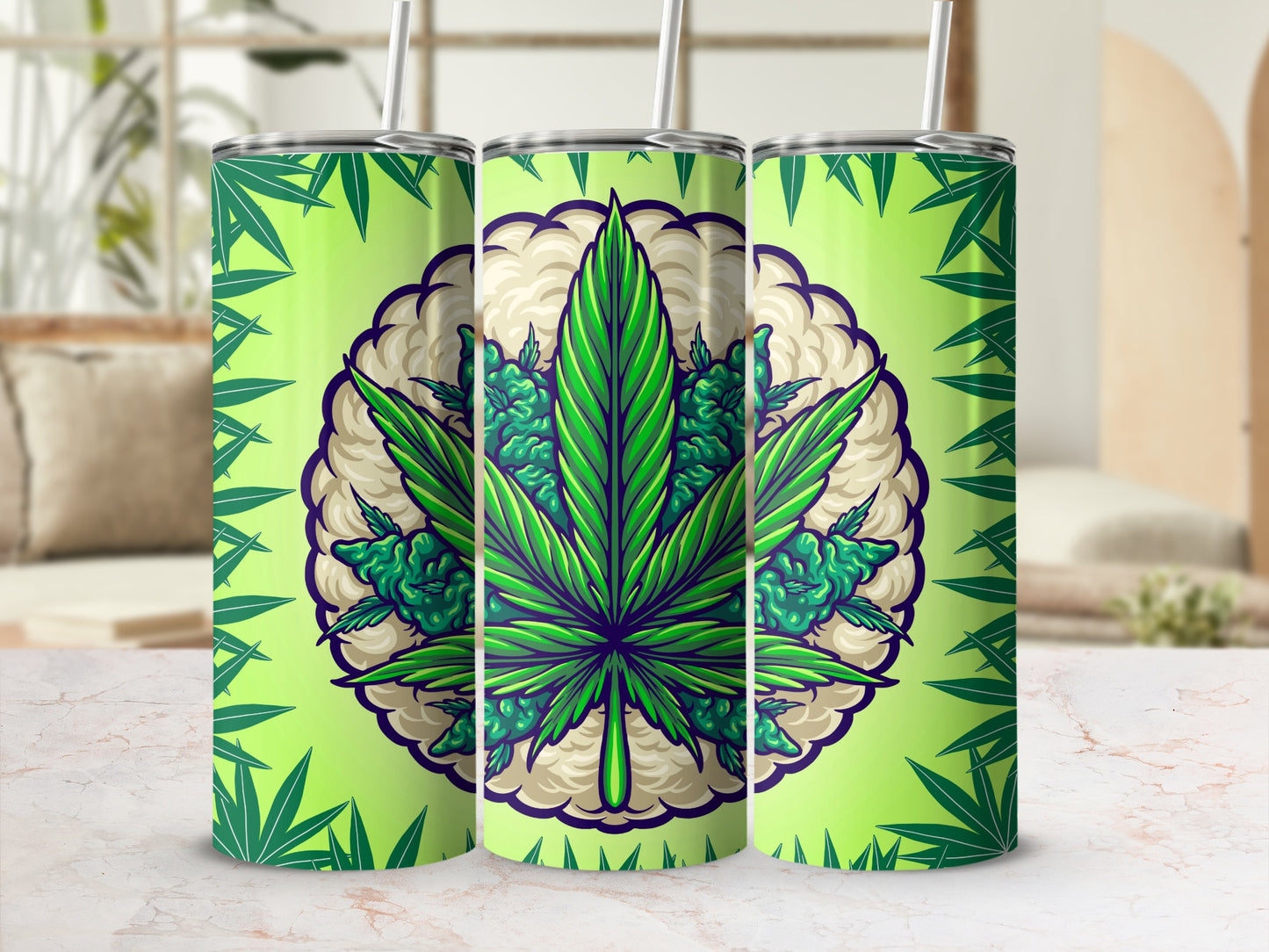 Vibrant Green Cannabis Leaf Design Tumbler product