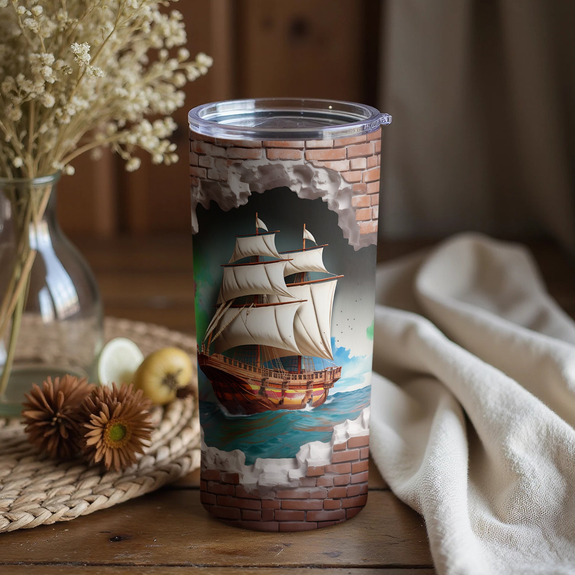 Sailing Ship Through Brick Wall Tumbler Artwork