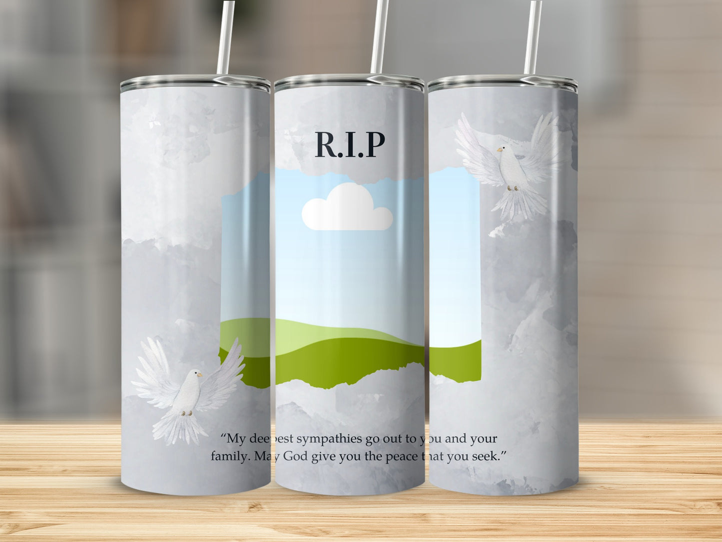 Tumble with R.I.P. and dove design, and sympathy message.