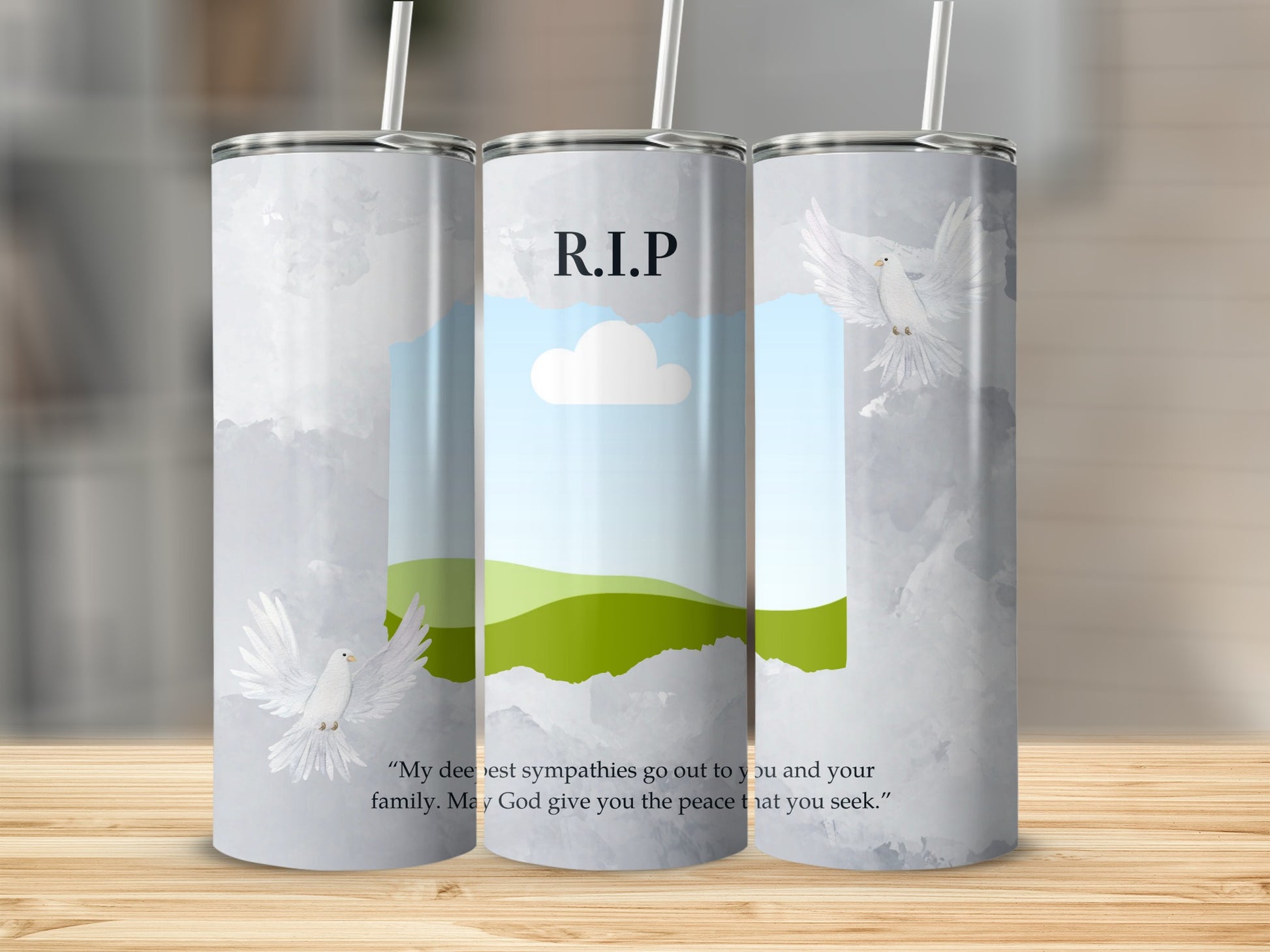 Tumble with R.I.P. and dove design, and sympathy message.