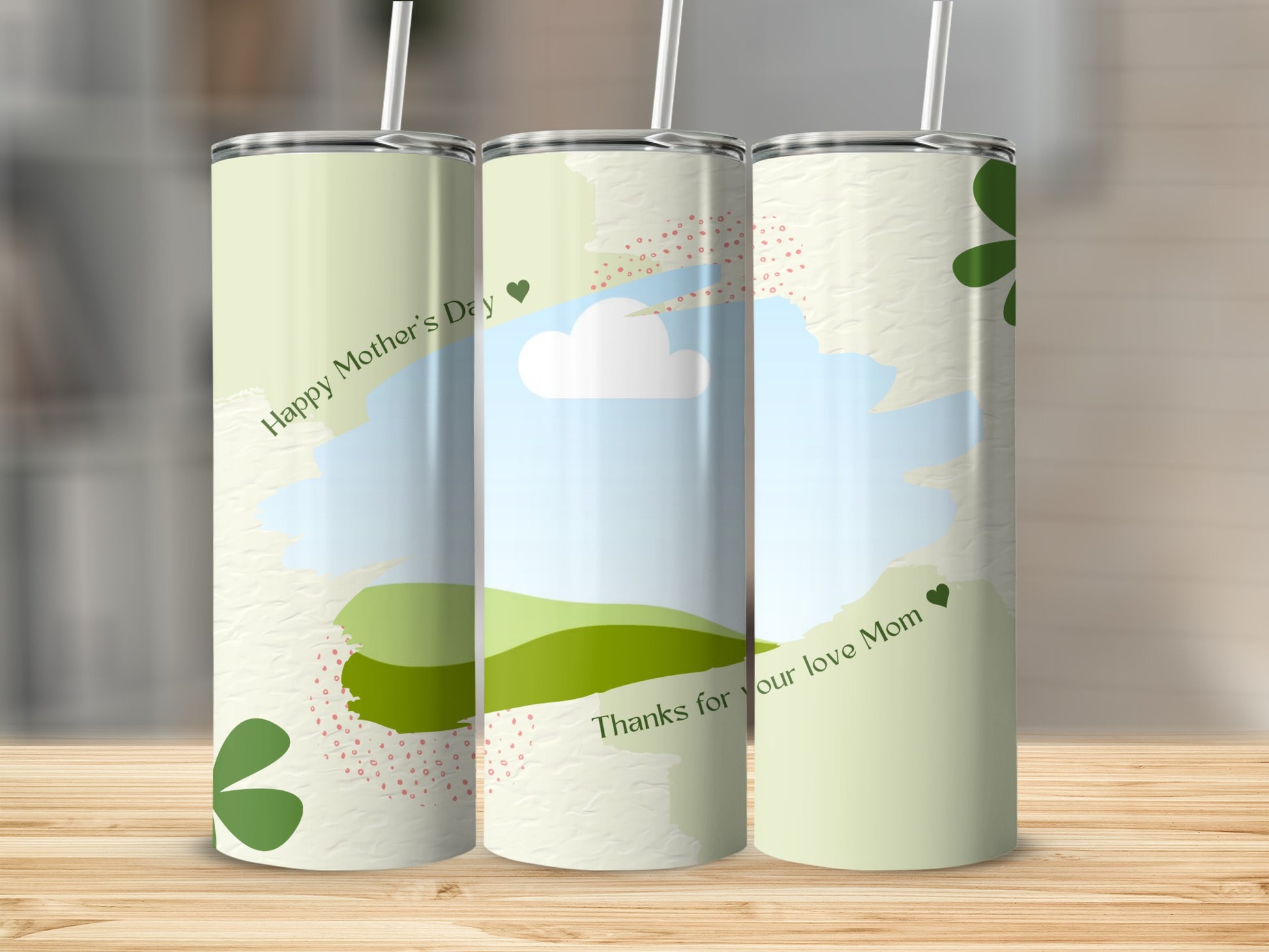 Tumblers with Mother's Day themes: "Happy Mother's Day" and "Thanks for your love Mom".