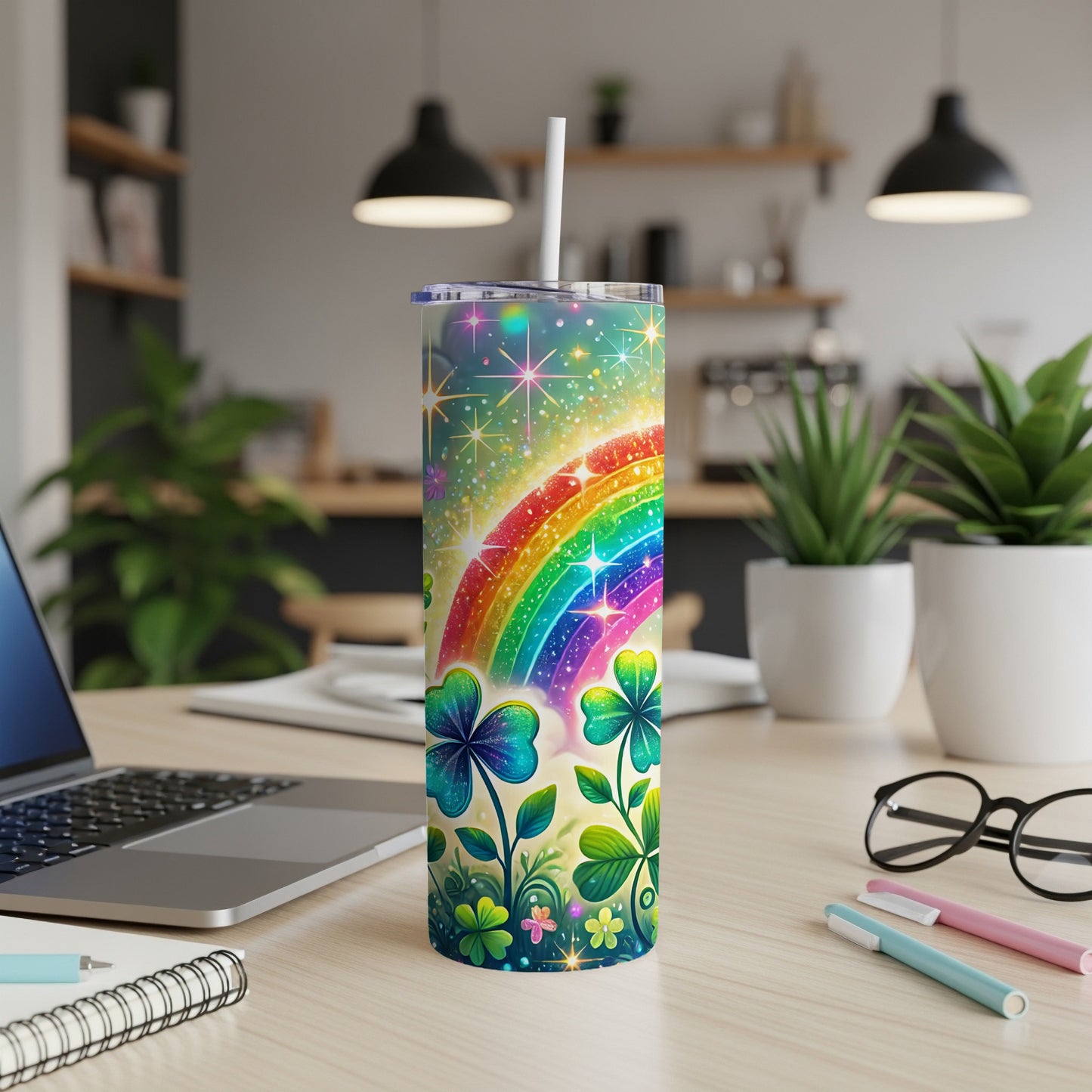 Rainbow and shamrocks design on a skinny tumbler with a straw.