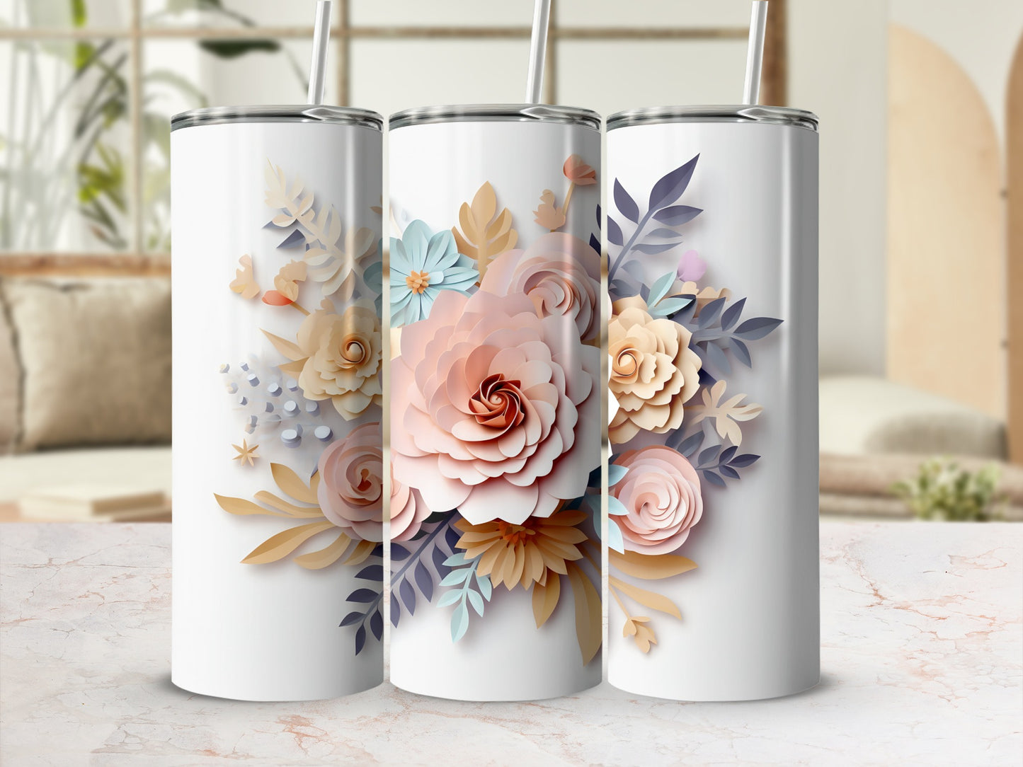 Beautiful Floral Design Stainless Steel Tumbler Cup