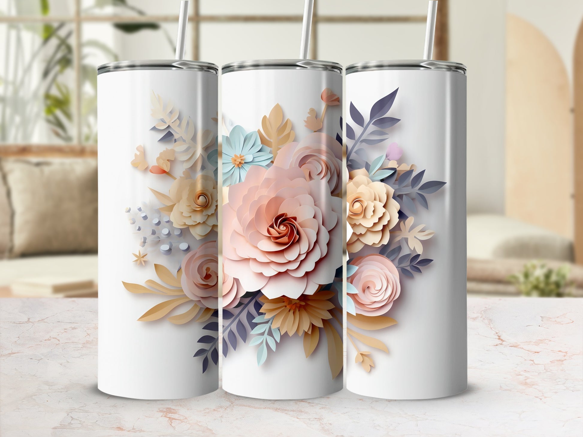 Beautiful Floral Design Stainless Steel Tumbler Cup