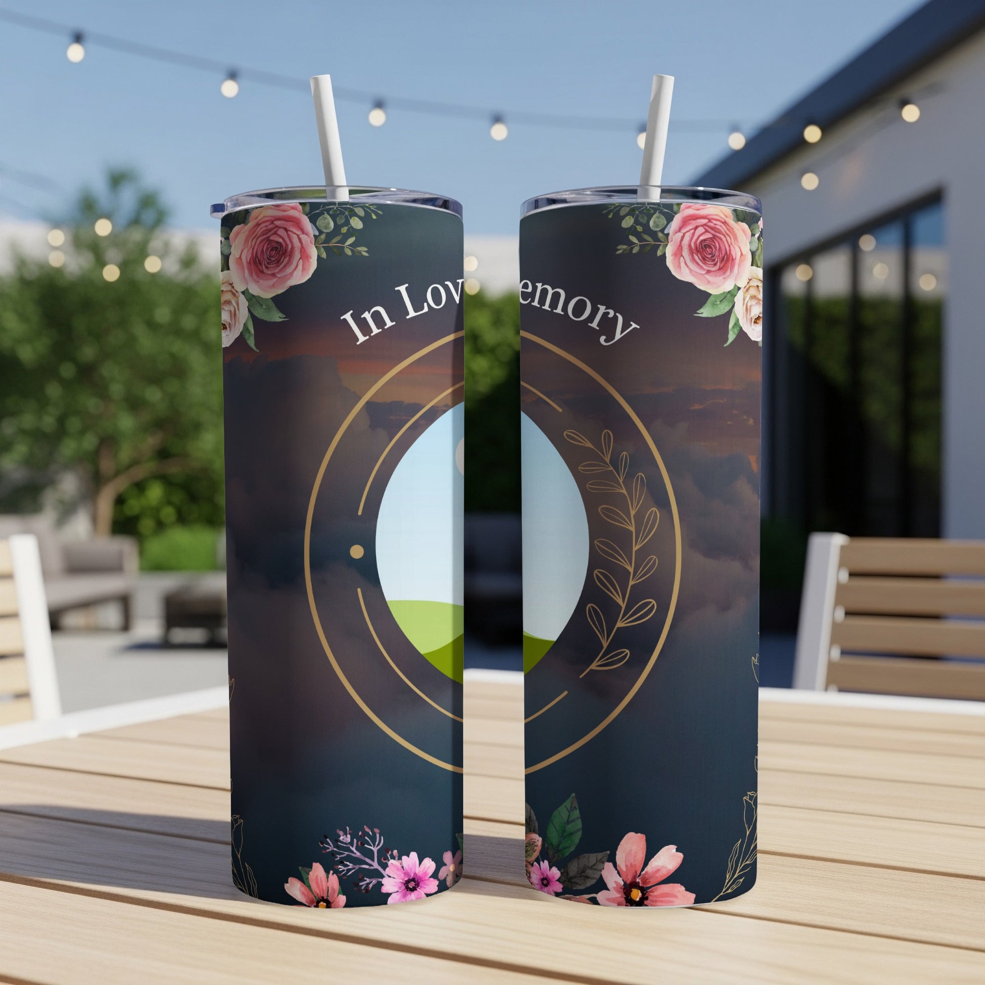 Two tumblers with "In Love Memory" text, floral accents, and a circular photo frame.