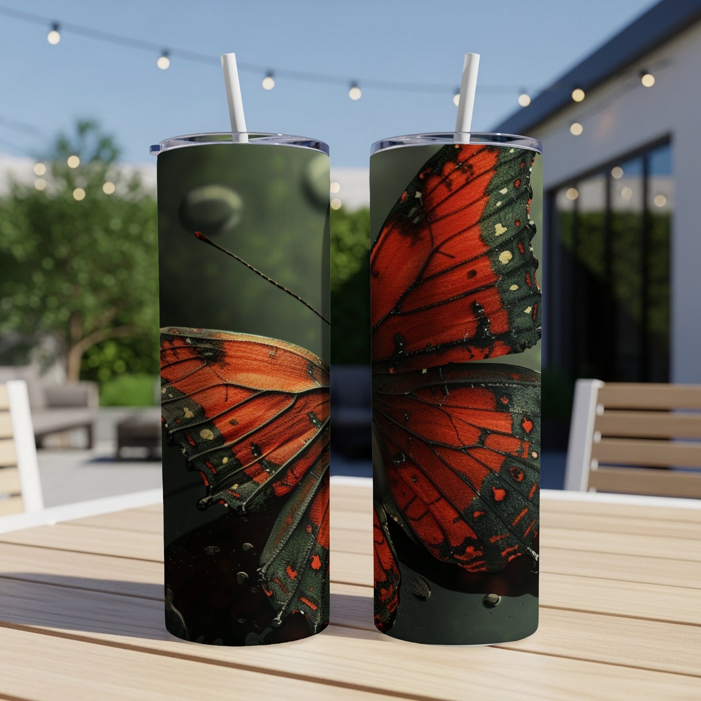 Two tumblers with a close-up of a red and black butterfly wing.