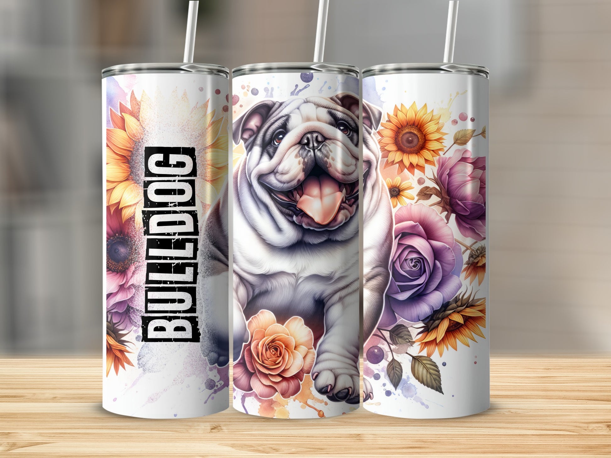 Bulldog with sunflowers and roses on a tall tumbler, "BULLDOG" text.