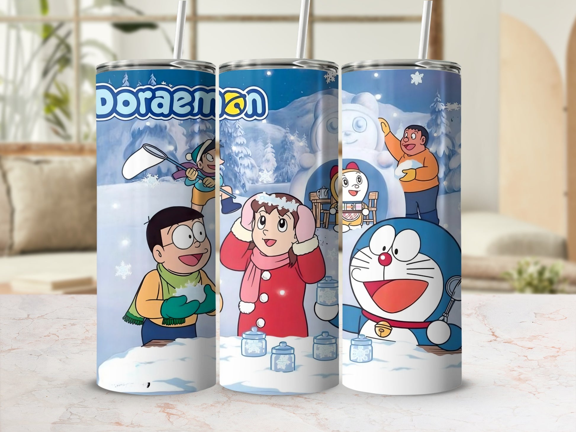 Doraemon Cartoon Winter Theme Design Tumbler