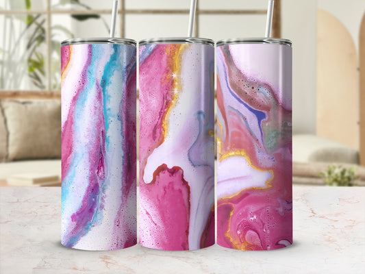 Three tumblers with pink, blue, and purple marbled patterns and gold accents.